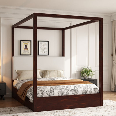 Grand lit plateforme à baldaquin avec tête de lit tapissier et meubles de chambre à coucher en bois espresso