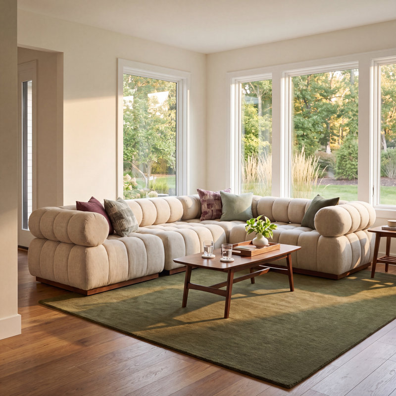 Martinique 109.5" Wide Patio Sectional, Hayes Cream Cushion/Stained Saddle Brown Frame