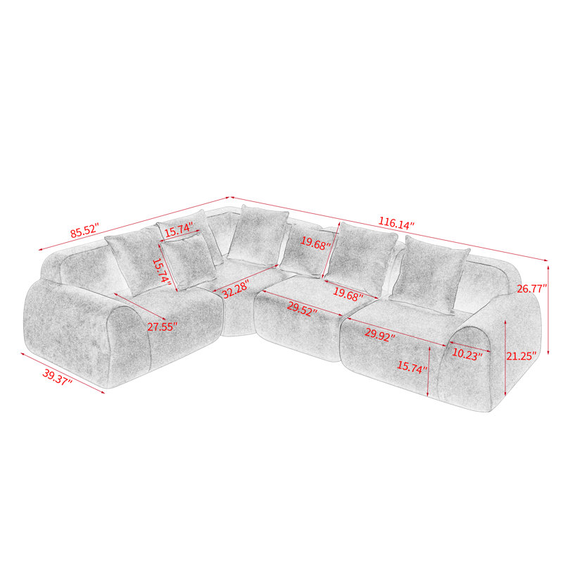 Canapé d'angle modulaire 4 places 118 po avec assise profonde et accoudoirs arrondis - Beige, Beige