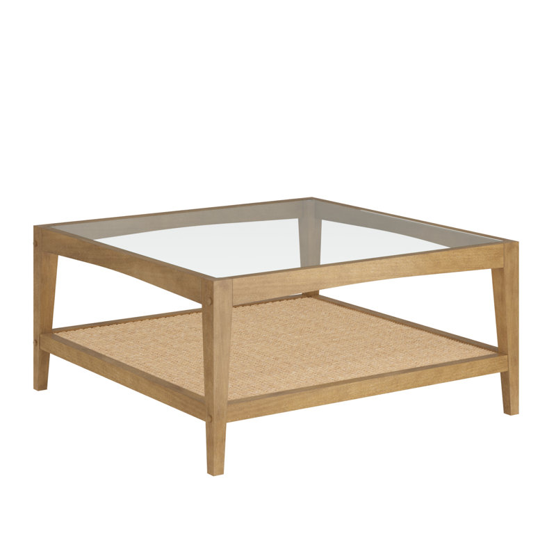 Glass Top Coffee Table With Solid Wood Frame And Rattan Shelf