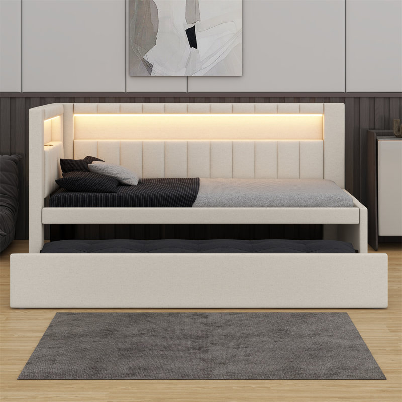 Upholstered Platform Bed With USB Ports,LED Belt And Trundle, White