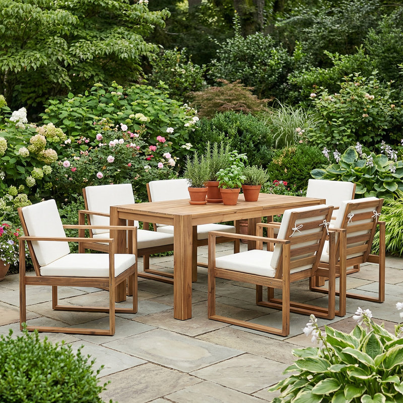 Rustic Patio Table And Chairs Set For 6 - Outdoor Dining Furniture With Umbrella Hole, Durable Wooden Frame, Cushions Included