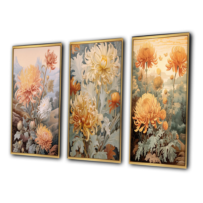 «Blooming White Orange Orange», art mural 3 pièces Wildflowers, Cadre flottant doré, H 20 po x l 36 po