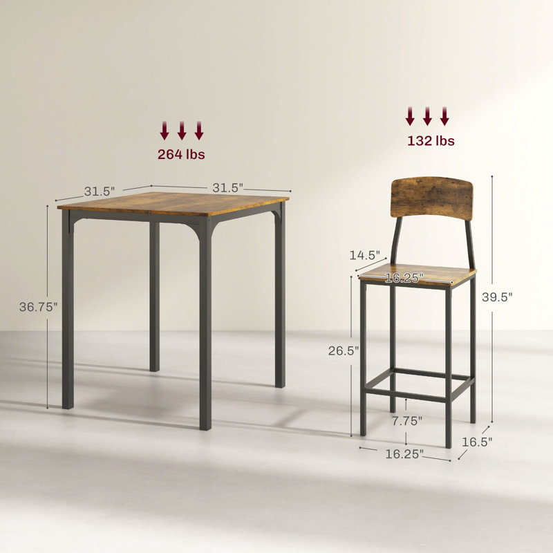 Ensemble de petites tables de salle à manger carrées, tables de bar et chaises, 3 pièces: table, 2 chaises, Brun