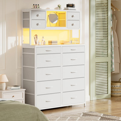  Tall Dresser For Bedroom With 14 Drawers, 3 Open Shelves, Led Light And Power Outlet,White