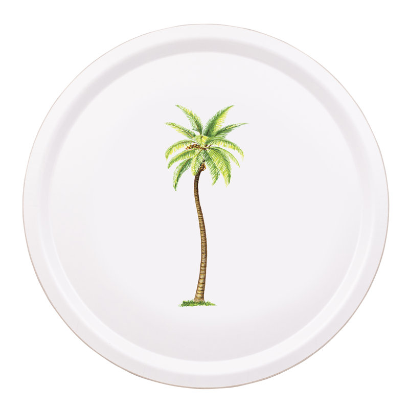 MW - Palm - Round Birchwood Tray, White/Green