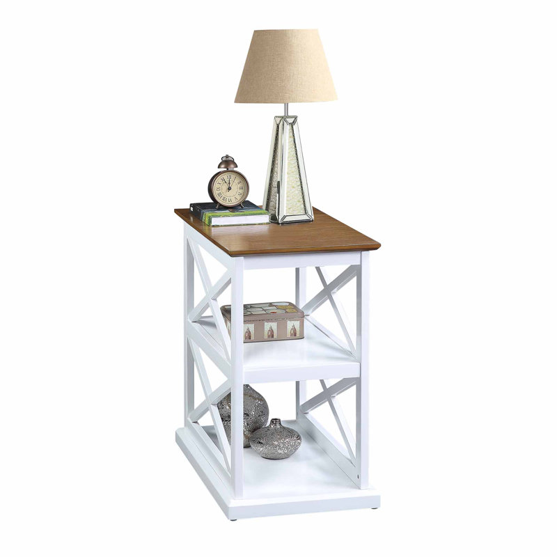 Table de bout avec rangement Arthella, Plateau en bois flotté / base blanche