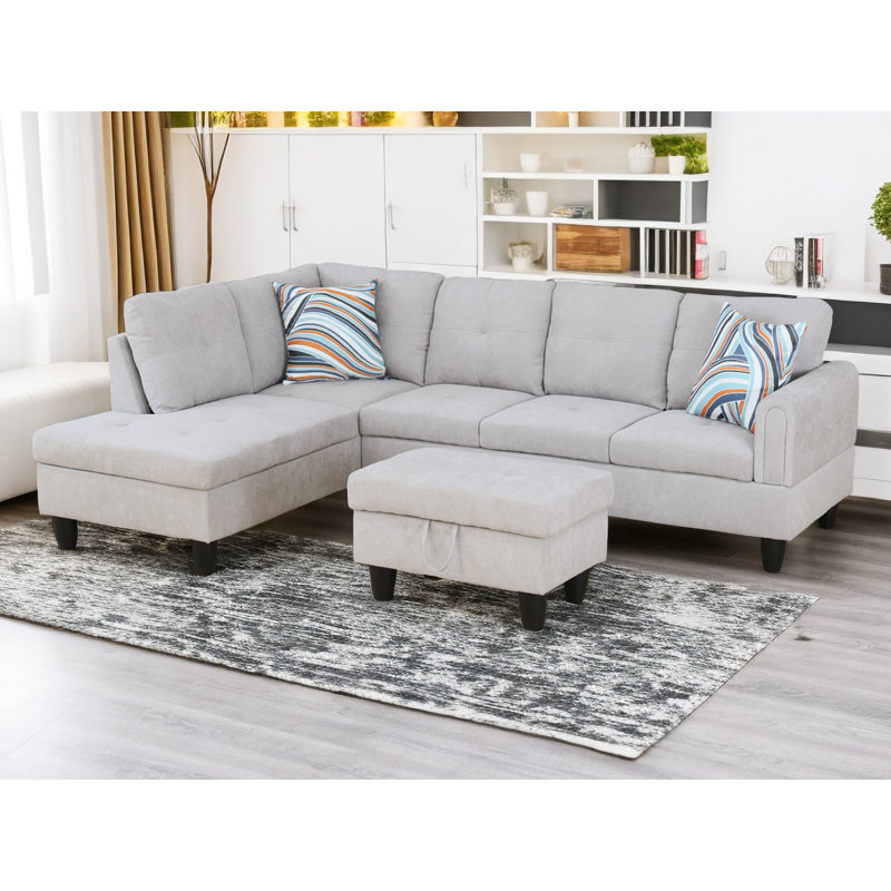 3 - Piece Upholstered Sectional, Left Hand Facing, Gray White Cotton Blend