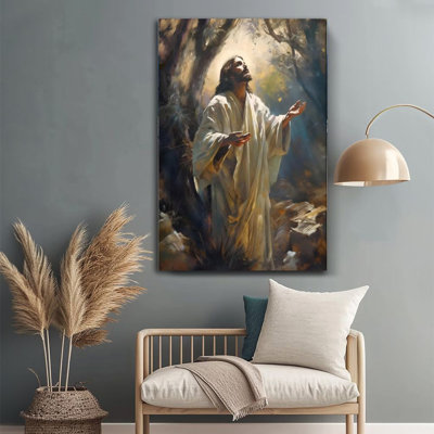 Canvas Wall Art, Jesus praying, olive garden scene, religious art style Poster Framed Christian Painting Room Wall Decor, Ideal Gift For Bedroom Living Room Hallway Dorm, Ready To Hang