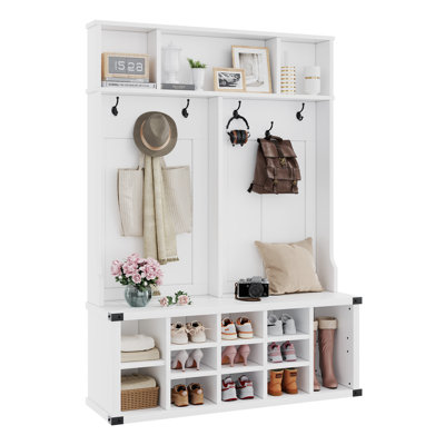 Farmhouse Hall Tree with Bench, 12-Cubby Shoe Storage & Coat Rack