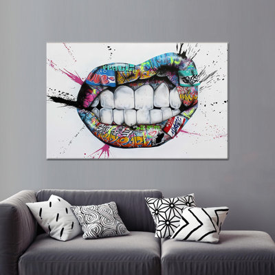 Modern Banksy Style Graffiti Teeth Glass Wall Art - Printed Canvas,1P GoldFramedCanvas