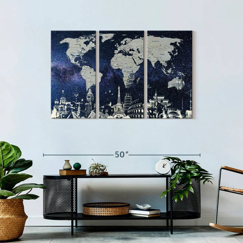 Carte du monde étoilé 3 pièces, H 45 po x l 28 po x P 1,25 po