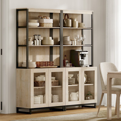 2PCS Modern 72" Sideboard With Glass Doors And Adjustable Shelves, Multifunctional Buffet Cabinet With Storage And Open Shelves For Dining Room Or Kitchen