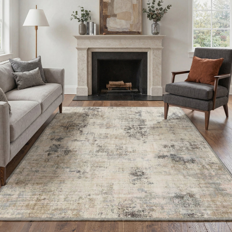 Pavelina Modern Distressed Abstract Machine Washable Beige / Grey Indoor Area Rug with Non-Slip Backing, Rectangle 6' x 9'