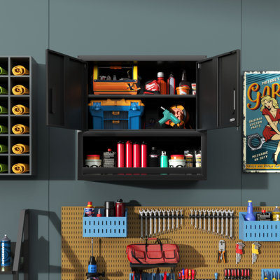 Armoire de rangement murale en métal avec porte verrouillable et tablette ouverte