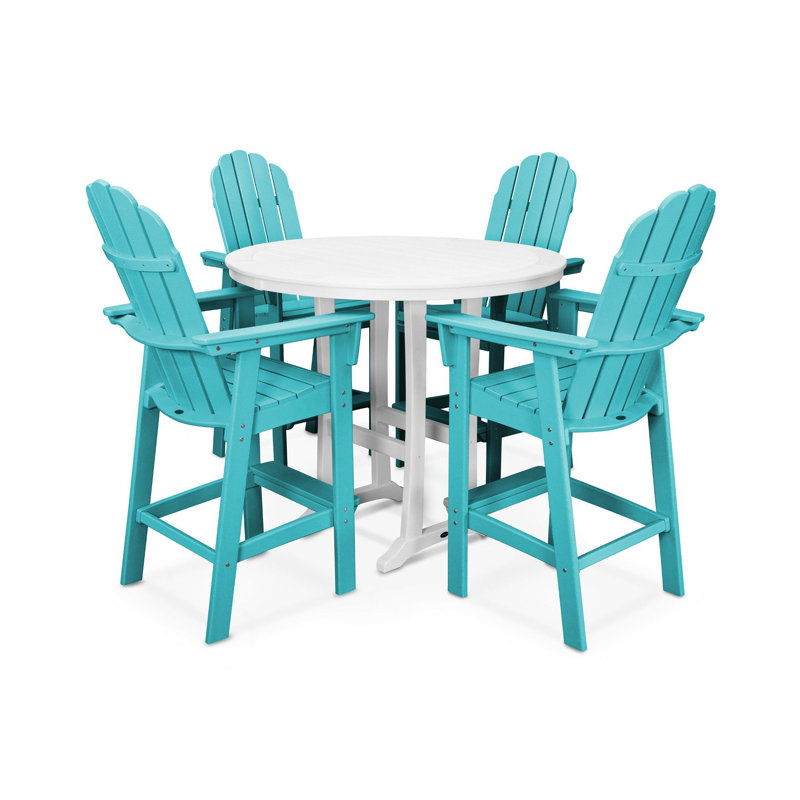 POLYWOOD Vineyard Curveback Adirondack 5-Piece Nautical Trestle Bar Set, Aruba/White