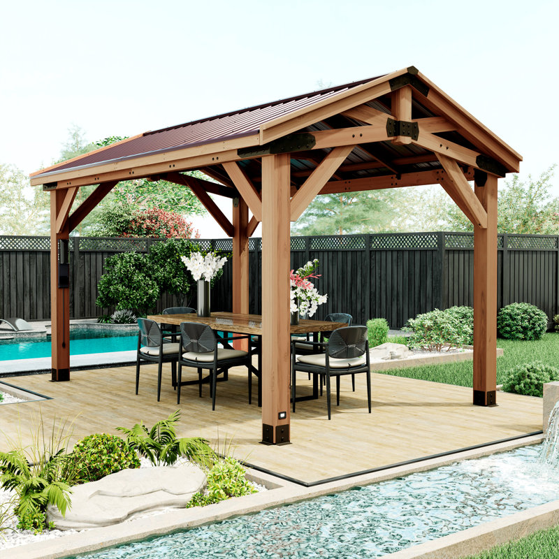 Backyard Discovery Norwood 14' x 10' Cedar Wood Outdoor Patio Gazebo with Hardtop Galvanized Steel Peak Roof and PowerPort