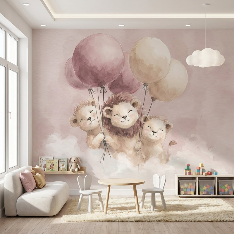 Papier peint Lions Rose Fantaisie Murale, 80 po x 96 po, Non tissé