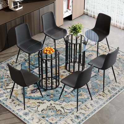 Table and Chair Set. 71 Inch Oval Tempered Glass Dining Table,Black Double Column Light Luxury Style. Paired with 6 Artificial PU Chairs with Curved Widened Cushion Design