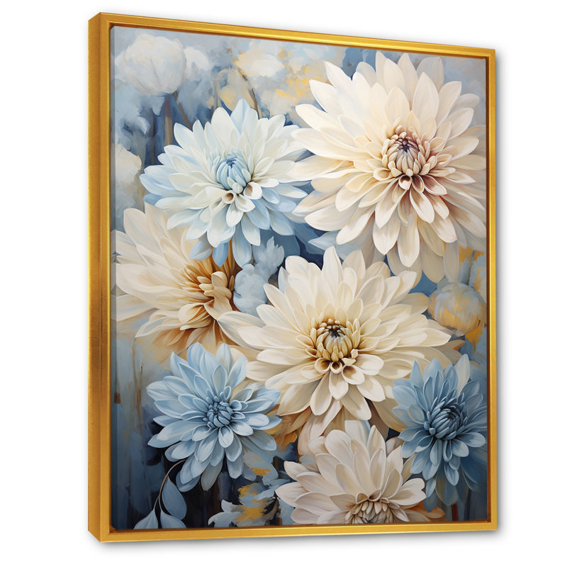 Minimalisme «Blooming Mums» en beige et bleu estompé sur toile, Cadre flottant doré, H 44 po x l 34 po x P 1,5 po