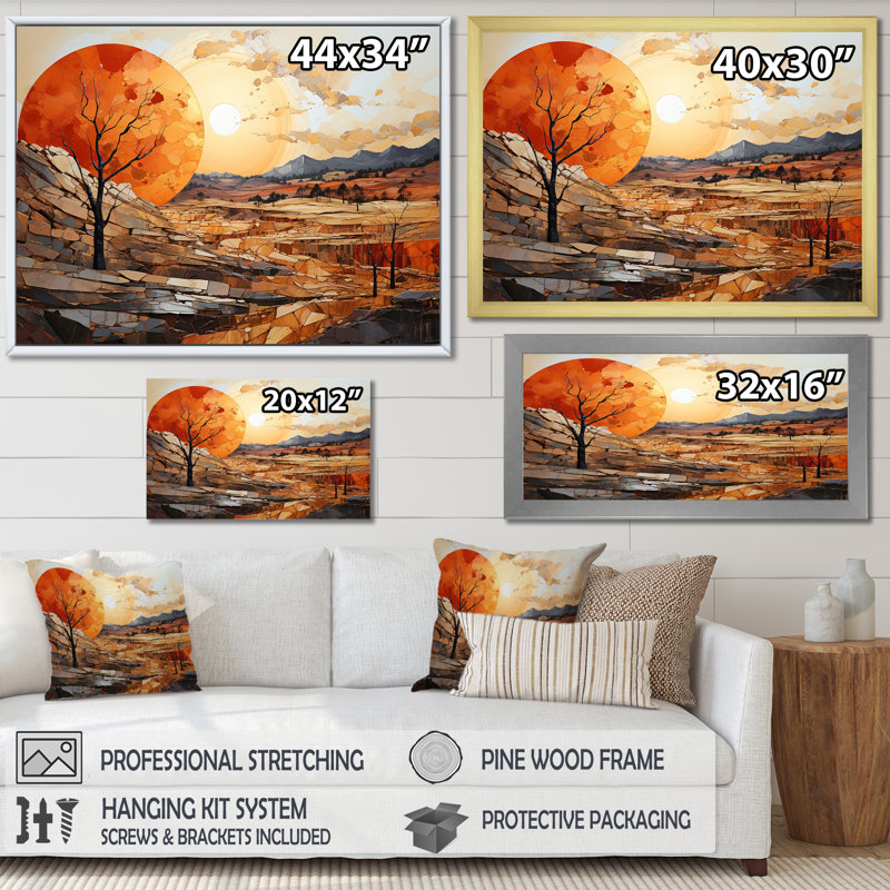 Orange Sunset, paysage abstrait, art mural Meadow - Paysage abstrait, Cadre flottant blanc, H 24 po x l 32 po x P 1 po