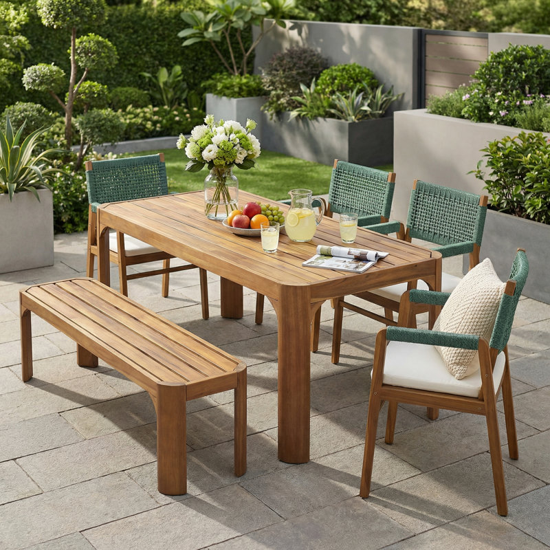 Ensemble de salle à manger d'extérieur 6 personnes en bois d'acacia avec banc en corde tissée Brendalyn