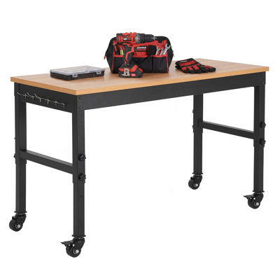 60" Heavy Duty Workbench with Solid Wood Top, 2200 lbs Load Capacity, Adjustable Height, Built-in Power Outlets, Rolling Wheels, Work Table for Garage, Workshop, Office, Home & Commercial