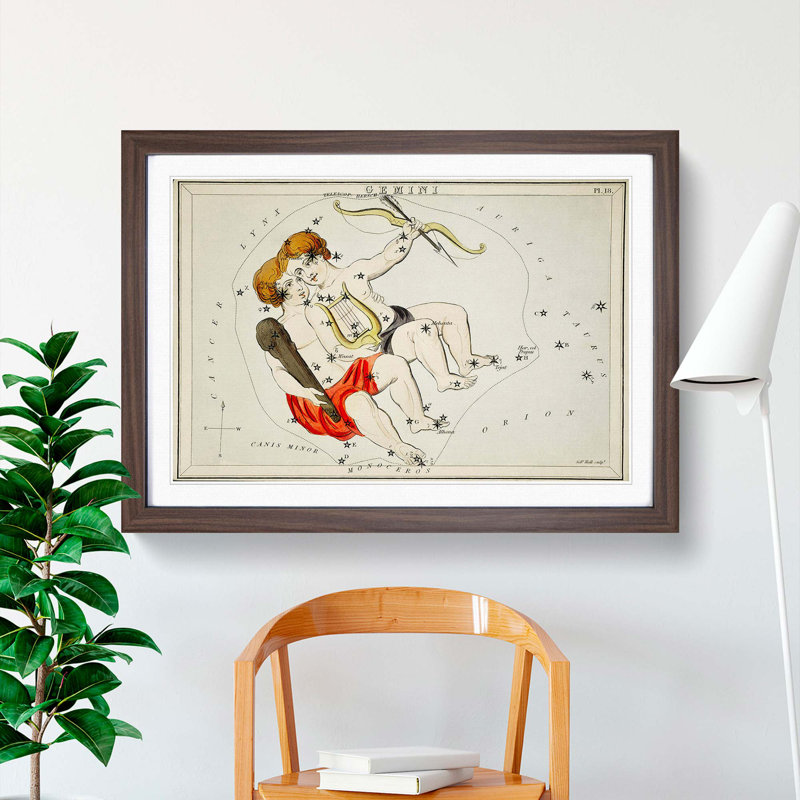 Astronomical Zodiac Chart Of The Gemini - Single Picture Frame Painting, 45cm H x 63cm W x 2cm D, Walnut