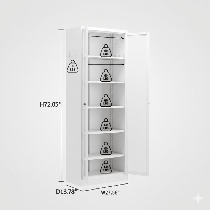 Armoire de cuisine en métal - rangement de 72 pouces de hauteur avec cinq tablettes réglables, armoire blanche autonome pour la cuisine, le garde-manger et la salle de bain