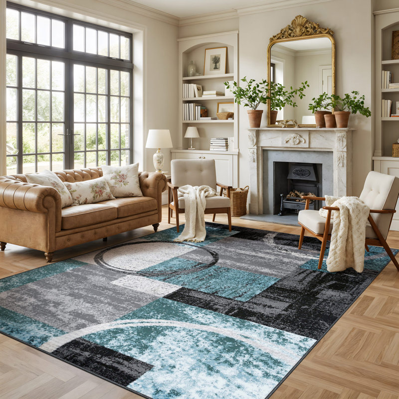 Fanton Modern Abstract Performance Gray/Ivory/Blue Area Rug, Rectangle 7'10" x 10'2"