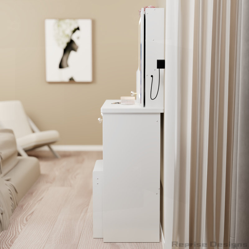 29.2" Small Size Left Drawer Desktop Vanity Table with Cushioned Stool and Brightness Adjust LED Mirror, White