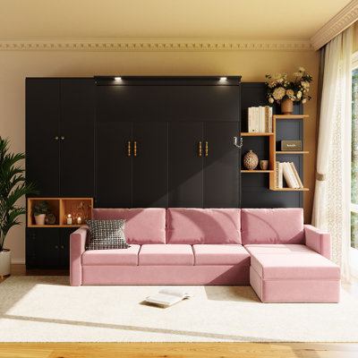 Junoa Modern Space-Saving Foldable Murphy Wall Bed with Large Sofa, Storage Shelves & Cabinets, Dual Top Lighting