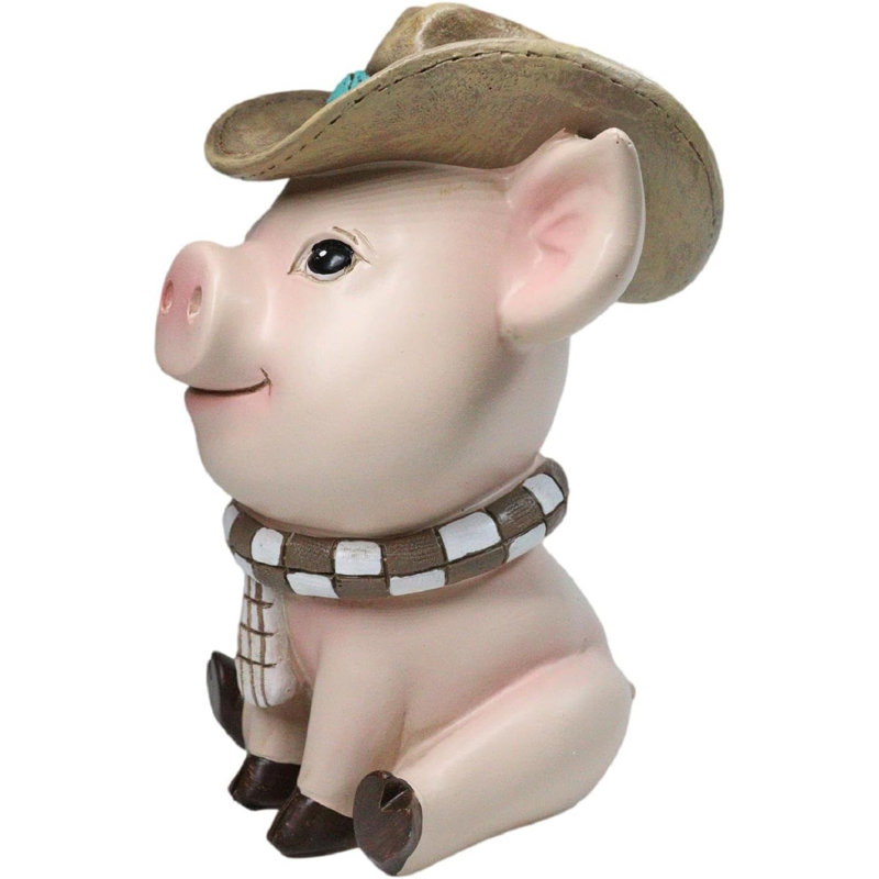 Figurine de cochon assis rustique Western avec chapeau de cowboy turquoise et écharpe