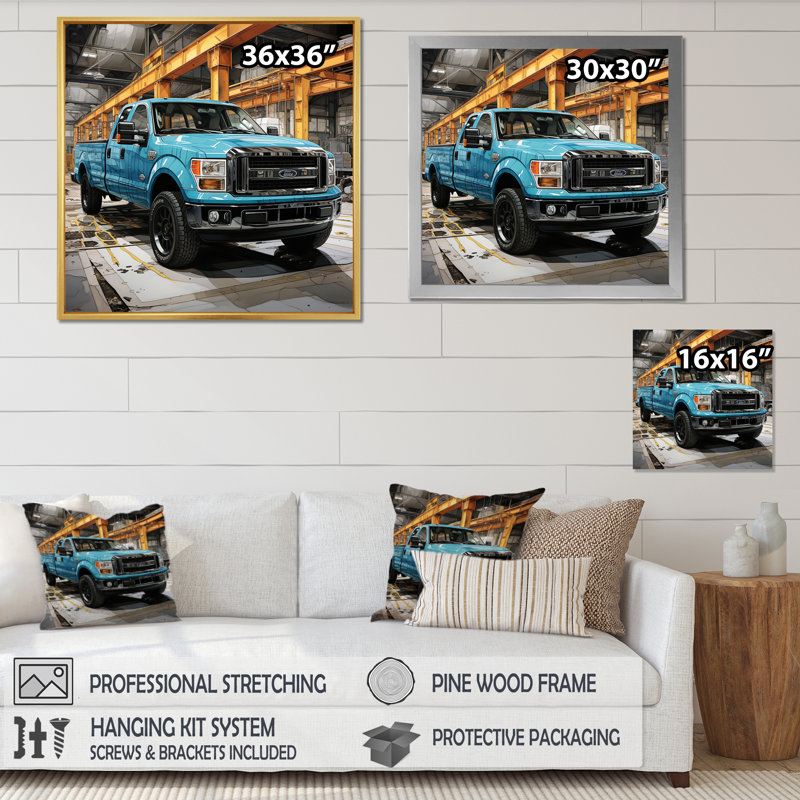 Teal Pickup Truck Industrial Drive - Transportation Canvas Wall Art, H 36 po x l 36 po x P 1,5 po, Cadre flottant doré