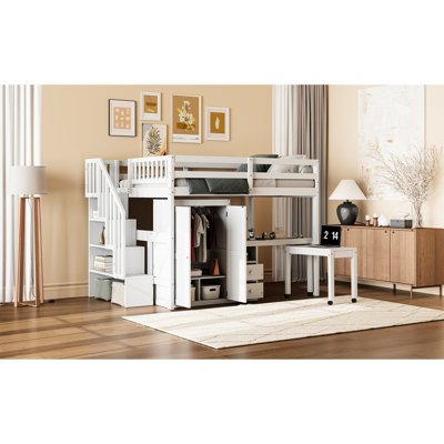 Lit mezzanine blanc avec escalier, bibliothèque, tiroirs, bureau et garde-robe - espace multifonctionnel pour les adolescents en pleine croissance