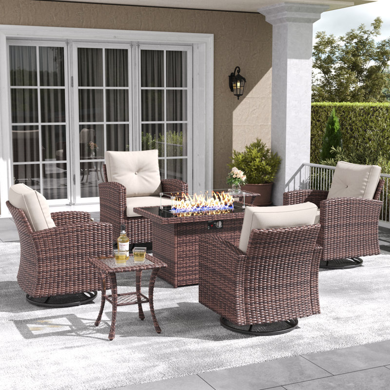 Lark Manor™ 7 Pieces Patio Furniture Set with Swivel Chairs, Rattan Wicker Rocking Glide Chairs with 44" Propane Gas Fire Pit Table Conversation Set