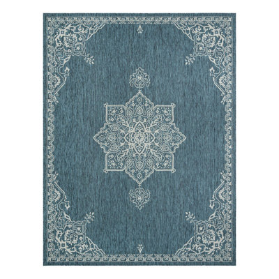 Craighead Oriental Machine Made Power Loom Polypropylene Indoor / Outdoor Area Rug in Blue/Gray