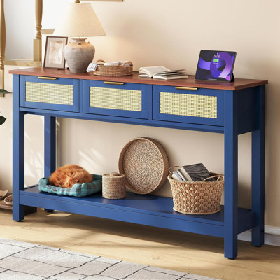 47" Blue Entryway Table With 3 Rattan Drawers And Open Shelf Storage, Long Sofa Tables For Living Room, Console Entry Table For Hallway, Foyer, Couch, Front Door