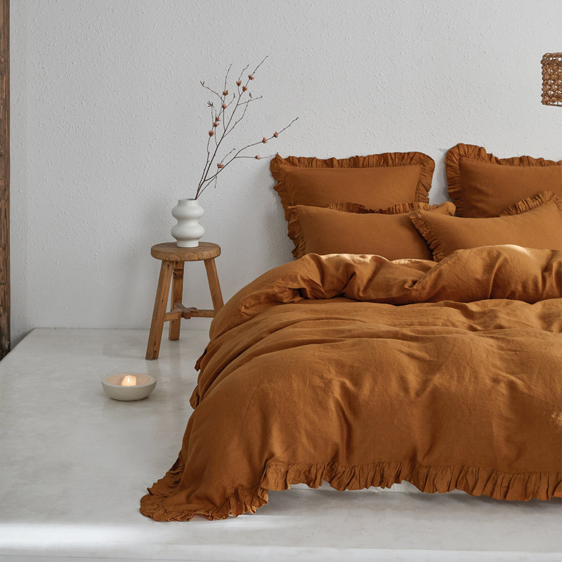 Linen Ruffled Duvet Cover Set, Queen Duvet Cover + 2 Standard Shams, Rust