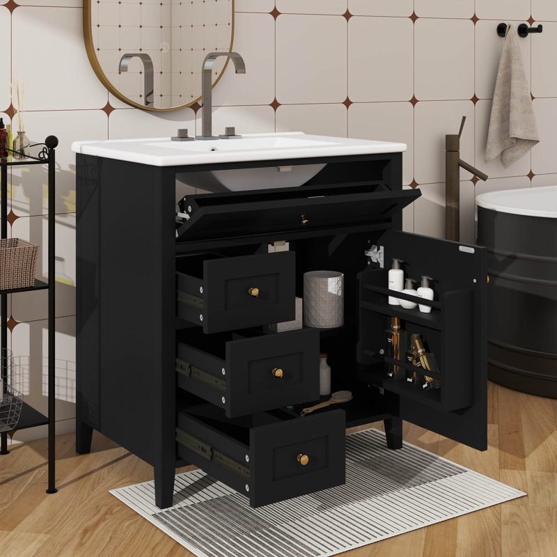 30-Inch Independent Bathroom Vanity With Sink, 3 Left-Side Drawers, Right Cabinet With Adjustable Shelves, Black