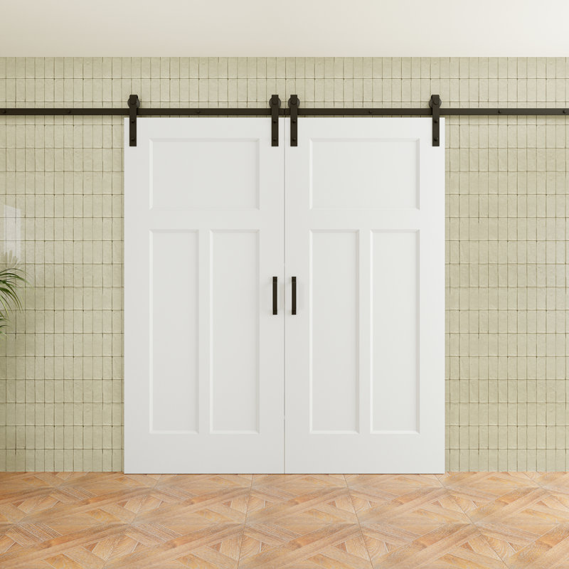 80"H 3Lite Waterproof White Primed Solid Core Composite MDF Wood Sliding Barn Door With Hardware Kit, 72" x 80"