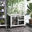 Cage à lapin compacte avec roues transportables - Imperméable, roues intérieures grises, bureau et table d'appoint. Bois imperméable pour 1 ou 2 lapins nains. 36 po x 21 po x 28,75 po. Mouvement simple
