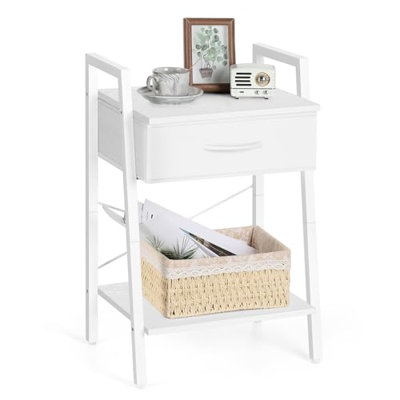 Table d'appoint avec tiroir et tablette ouverte, table de chevet à cadre en métal avec panier de rangement, table de bout pour le salon, la chambre à coucher