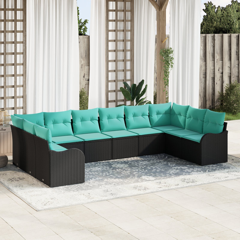 Ensemble de canapé vidaXL avec coussin 10 pièces en polyester noir, Structure noire / Coussin bleu
