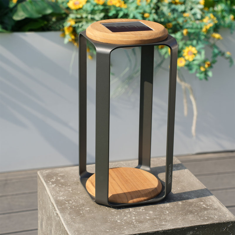 Aluminum Outdoor Solar LED Lantern – Large Size With Teak Accents, IP65 Waterproof, 3-Level Dimmable Light