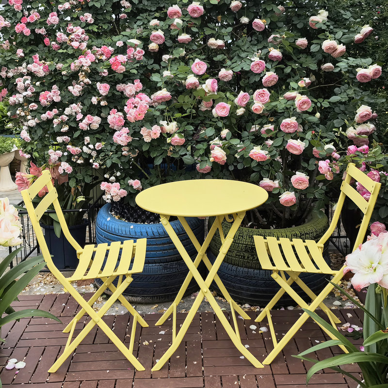 3 Piece Patio Bistro Set Of Foldable Round Table And Chairs, Yellow