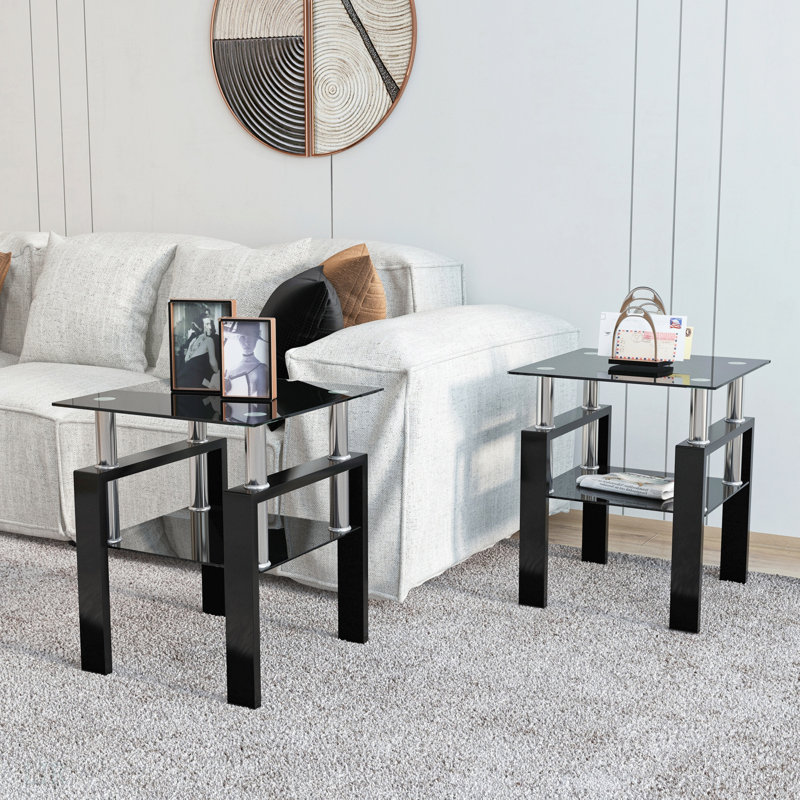 Ensemble de 2, table basse moderne en verre trempé, table de bout, table carrée pour le salon, table de bout, Noir, Noir
