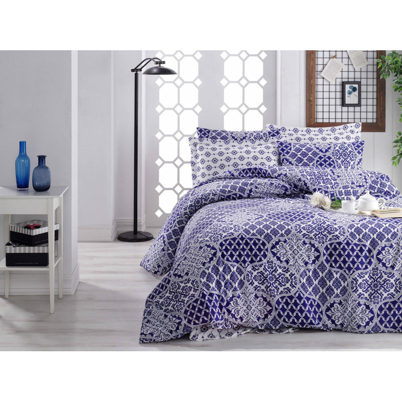 Ensemble de housse de courtepointe Luxury King, 100% coton, bleu foncé et blanc, 102,4 x 86,6 po | 140 fils | Housse de couette et housse de couette à boutons (2 pièces) | Lavable à la machine, doux et durable