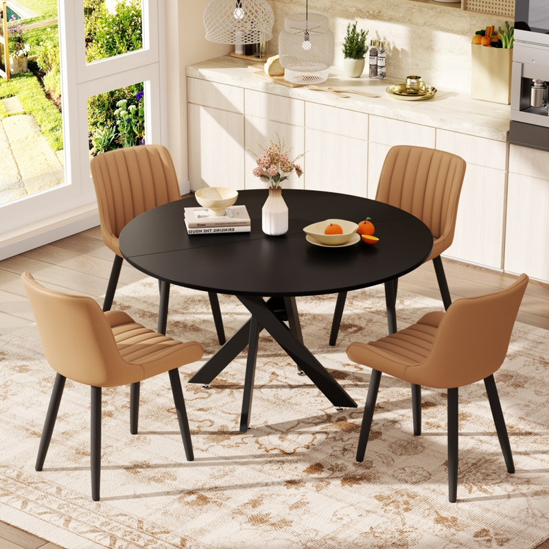 Ensemble de table de salle à manger ronde en panneau de fibres à densité moyenne, table de 35/47 po avec base industrielle croisée et chaises en cuir synthétique 2/4/6 po pour la cuisine, la salle à manger et le salon