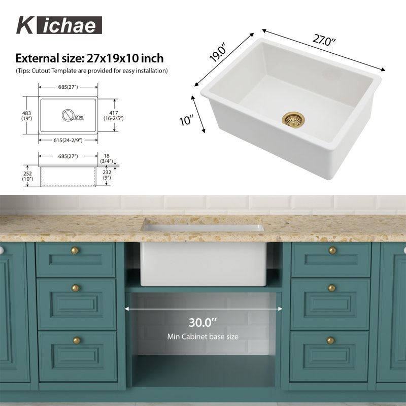 27" L x 19" W Ceramic Undermount Kitchen Sink Porcelain Single Bowl Kitchen Sink with Sink Grid and Basket Strainer